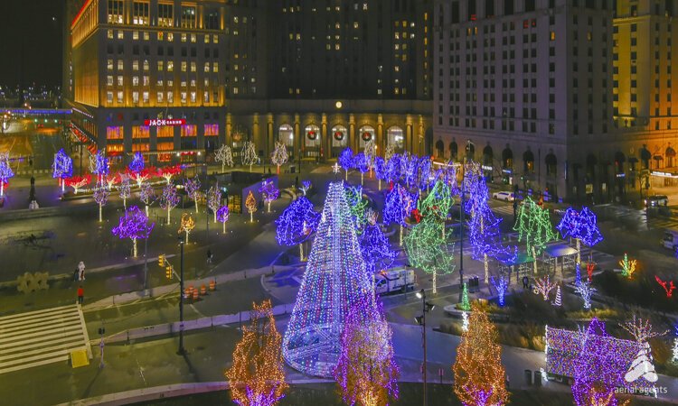 Public Square lit up for the Holidays.